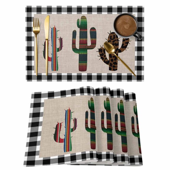 Cactus Tropical Plant Placemats Set of 8, Cotton Linen Fabric Place Mats, Black White Checkered Washable Decorative Table Mats Protector for Home Kitchen Dining Wedding Party Coffee Tables