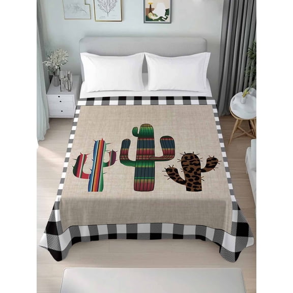 Cactus Tropical Plant Queen Size Flat Sheet, Wrinkleproof & Fadeproof Cooling Flat Bed Sheet Only, Black White Checkered Breathable Soft Bedding Top Sheets 90 x 102 Inches