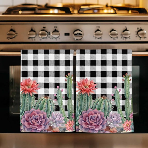 Cactus Tropical Watercolor Kitchen Towels Set of 1, Black Buffalo Plaid Summer Absorbent Dish Towels for Kitchen, Microfiber Hand Towel, Quick Drying Tea Towel for Cleaning Decorative Dishcloths