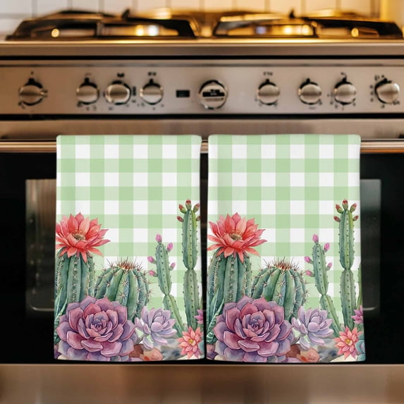 Cactus Tropical Watercolor Kitchen Towels Set of 2, Sage Green Plaid Summer Absorbent Dish Towels for Kitchen, Microfiber Hand Towel, Quick Drying Tea Towel for Cleaning Decorative Dishcloths