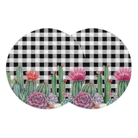 Cactus Tropical Watercolor Round 13 Inch Placemats Set of 2, Black Buffalo Plaid Summer HeatResistant Non Slip Place Mats for Dining Table, Wipeable Braided Kitchen Table Mats for Housewarming