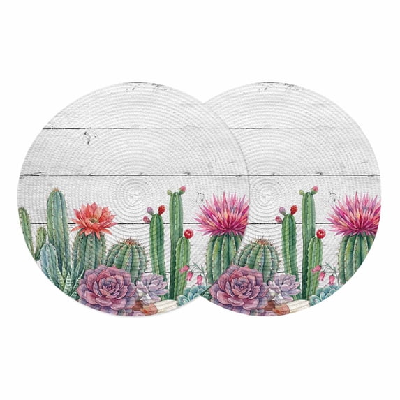 Cactus Tropical Watercolor Round 13 Inch Placemats Set of 2, Grey Wooden Summer HeatResistant Non Slip Place Mats for Dining Table, Wipeable Braided Kitchen Table Mats for Housewarming