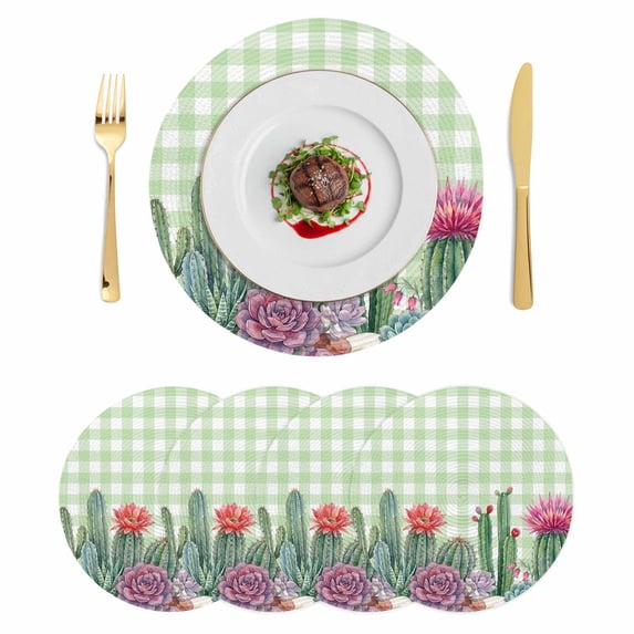 Cactus Tropical Watercolor Round 15 Inch Placemats Set of 4, Sage Green Plaid Summer HeatResistant Non Slip Place Mats for Dining Table, Wipeable Braided Kitchen Table Mats for Housewarming