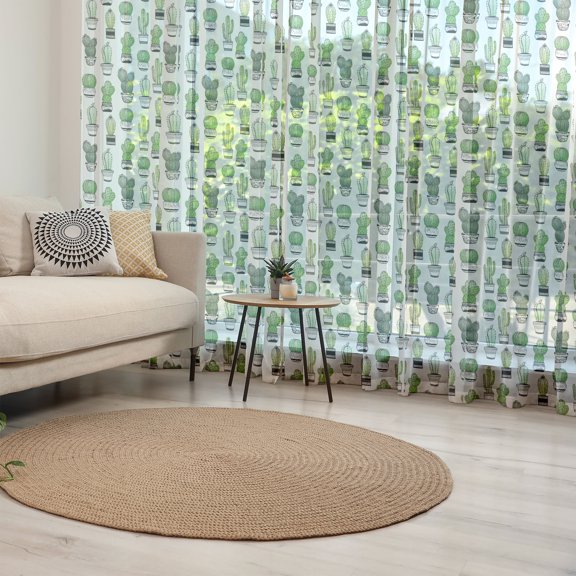 Cactus Tulle Curtains with Rod Pocket, Hand Drawn Foliage Pattern with Ornamental Pottery Design Sketch Style Art, Sheer Drape for Wedding Party 2 Panels, 7 Sizes, Green Black White, by Ambesonne