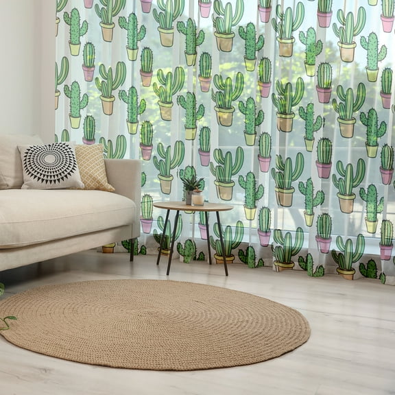 Cactus Tulle Curtains with Rod Pocket, Vases and Pots with Flowers Cartoon Drawing Colorful Summer Plants Design, Sheer Drape for Wedding Party 2 Panels, 7 Sizes, Peach Pink Green, by Ambesonne