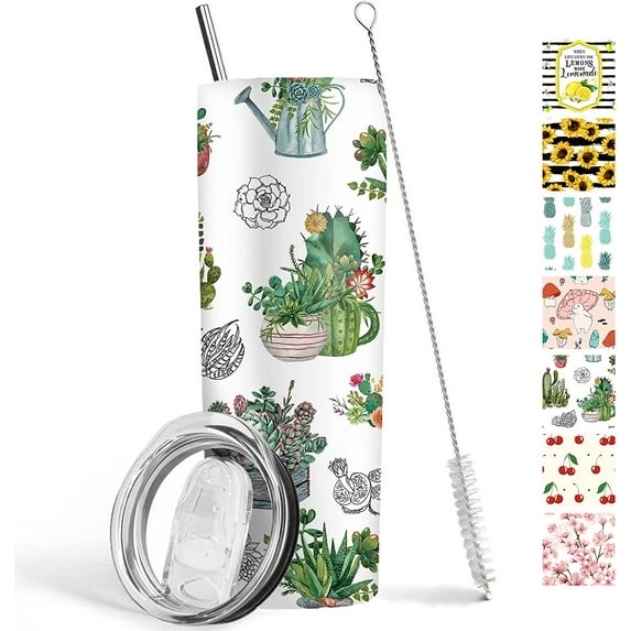 Cactus Tumbler 20 oz Travel Coffee Mug Cactus Print Skinny Tumblers with Lid and Straw Stainless Steel Insulated Coffee Cups Gift for Cactus Lover