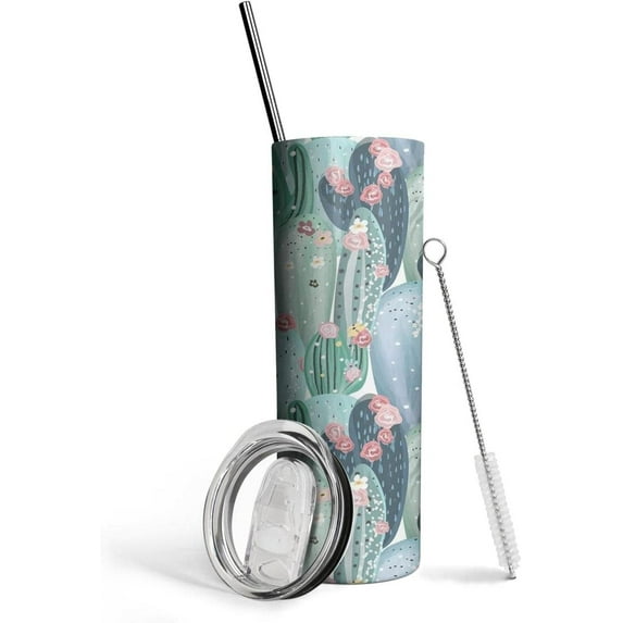 Cactus Tumbler With Lid and Straw Stainless Steel 20oz Cactus Skinny Tumbler Insulated Cactus Mug Water Bottle Coffee Mug Travel Tumbler Cactus Succulent Gifts for Women