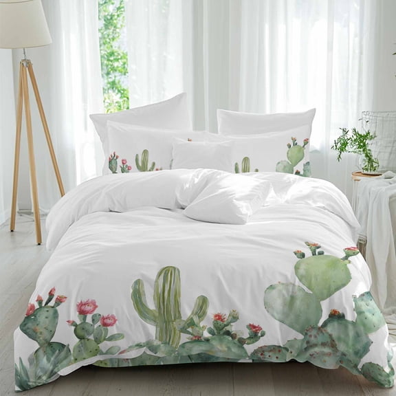 Cactus Twin Size Comforter Set, Tropical Plants Watercolor Plant Bedding for All Seasons, 4 Pcs Bed Set, 1 Quiltcover (68"x86") ,1Sheet(67"x116"), 2Pillowcases (30"x20")