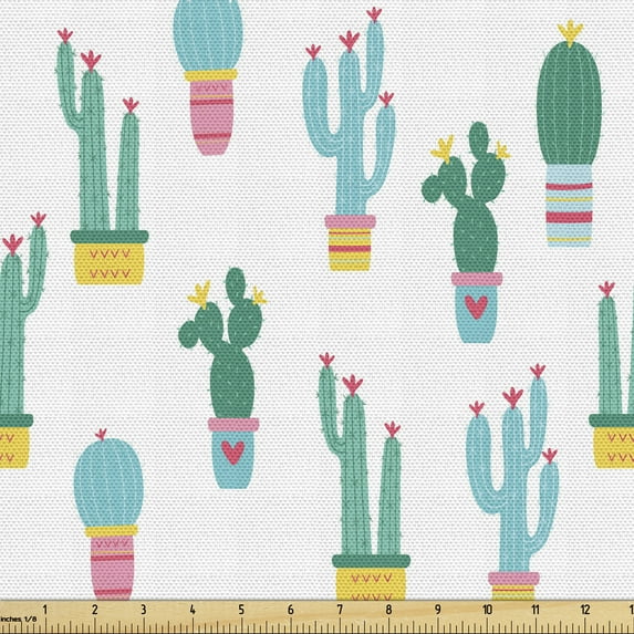 Ambesonne Cactus Fabric by the Yard Upholstery, Prickle Plant in Pots, 5 Yards, Multicolor