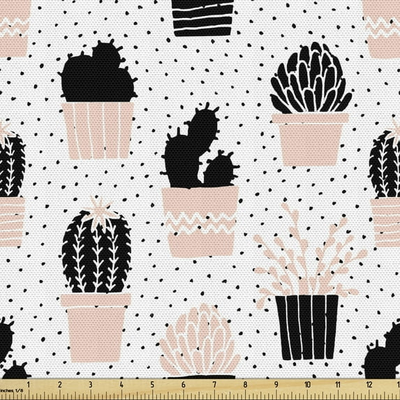 Ambesonne Cactus Fabric by the Yard Upholstery, Foliage Silhouettes, 1 Yard, Pale Coral Black White