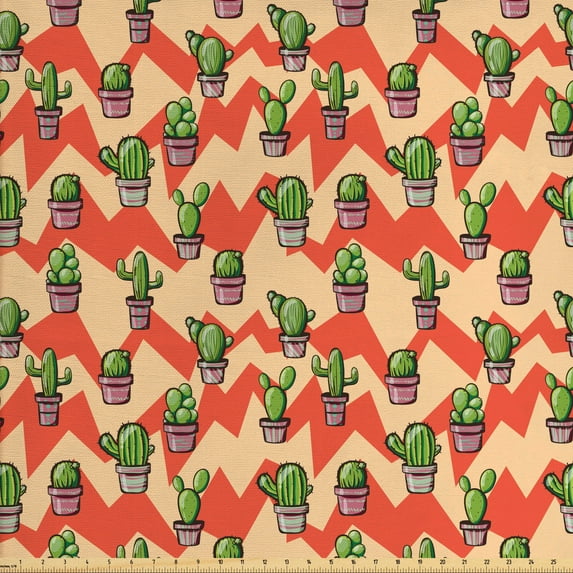Ambesonne Cactus Fabric by the Yard Upholstery, Zigzag Background Plant, 5 Yards, Multicolor
