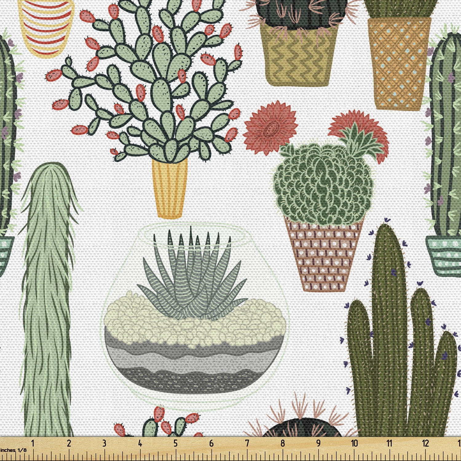 Ambesonne Cactus Fabric by the Yard Upholstery, Succulents Flower Pots, 10  Yards, Multicolor