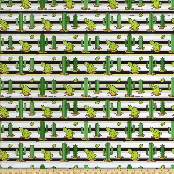 Ambesonne Cactus Fabric by the Yard Upholstery, Cartoon Saguaro Striped Art, 3 Yards, Olive Green Apricot