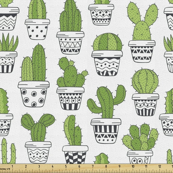 Ambesonne Cactus Fabric by the Yard Upholstery, Succulent Houseplants, 1 Yard, Grey Apple Green