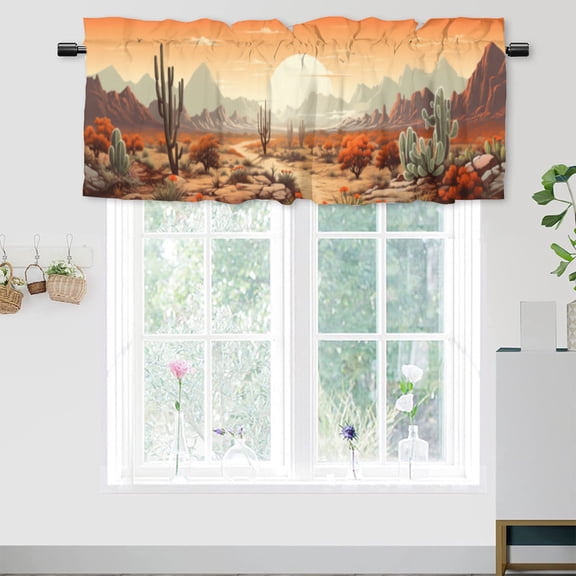 Cactus Valance Curtain for Kitchen Abstract Mountain Desert Boho Sunset Landscape Privacy Decorative Rod Pocket Short Window Valance Curtains 54 by 18 in, 1 Panel