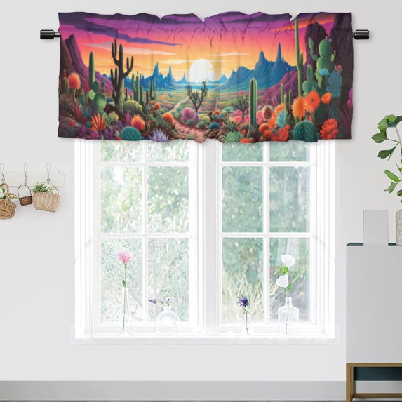 Cactus Valance Curtain for Kitchen Tropical Plants Flowers Succulent Desert Mountain Landscape Window Valance for Living Room Bedroom, Kitchen Valance Rod Pocket Window Curtain 54 by 18 in, 1 Panel