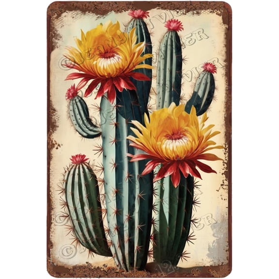 Cactus Vintage Metal Sign, Southwestern Desert Wall Decor, Aluminum, 12x8 inches