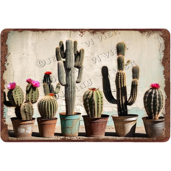Cactus Vintage Tin Sign Rustic Home Decor Flower Art Cacti Wall Sign Decor Southwestern Botanical Art for Home Kitchen Bar Room Garage Decor,Aluminum 12"x8"
