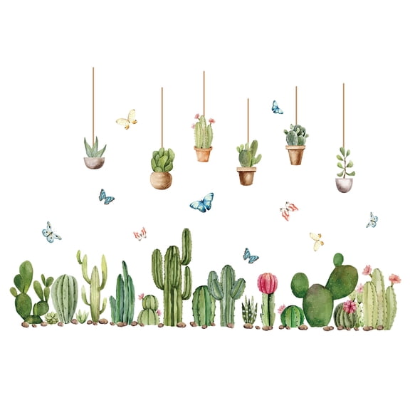 Cactus Vinyl Wall Stickers Green Planet Wall Decal Butterfly Wall Art Stickers Potted Plants DIY Decor for Room Bedroom Living Room Bathroom Office