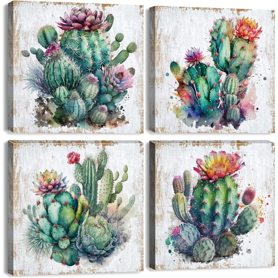 Cactus Wall Art for Bathroom Decor Succulent Pictures Wall Decor Watercolor Green Plants Canvas Prints Colorful Spiny Flower Posters Botanical Paintings Mexican Artwork Home Decorations 12x12” 4Pcs