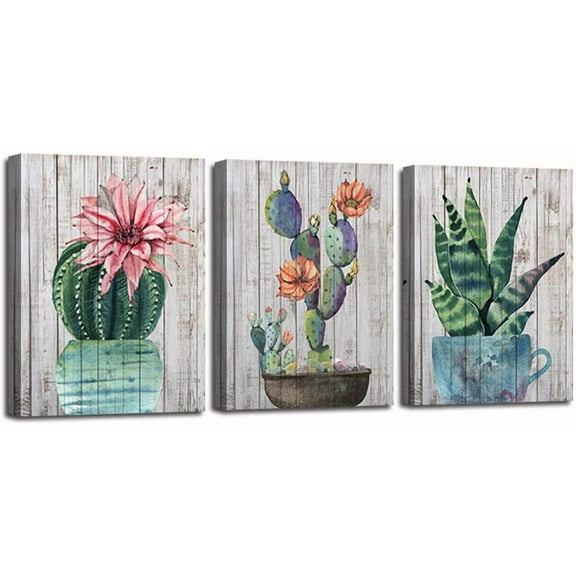 Cactus Wall Art Canvas Cacti Pictures Green Plants Painting, Pink Flowers Botanical Tropical Succulent Artwork Framed for Bedroom Bathroom Living Room Kitchen Home Office Decor, 12"x16"x3 Panels