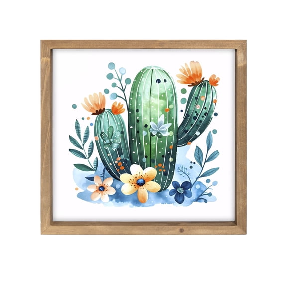 Cactus Wall Decor, 11.8 Inch Wooden Cactus Pictures Art with Wood Framed, Western Bathroom Bedroom Nursery Room Table Shelf Decorations for Home