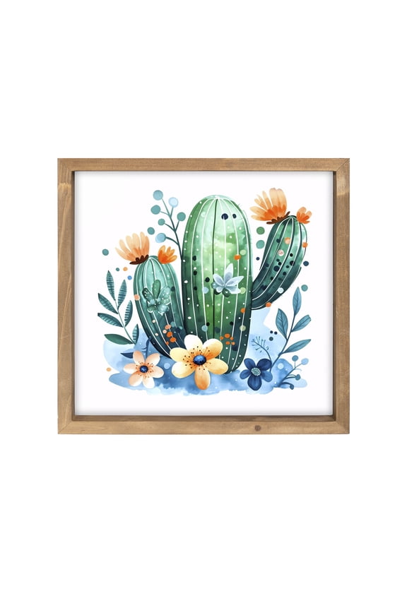 Cactus Wall Decor, 11.8 Inch Wooden Cactus Pictures Art with Wood Framed, Western Bathroom Bedroom Nursery Room Table Shelf Decorations for Home