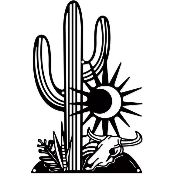 Cactus Wall Decor Iron Wall Sculpture with Screws Black Metal Art Ornament Plants Bull Decorative Sun Moon Wall Hanging Artwork for Living Room Indoor Outdoor Home