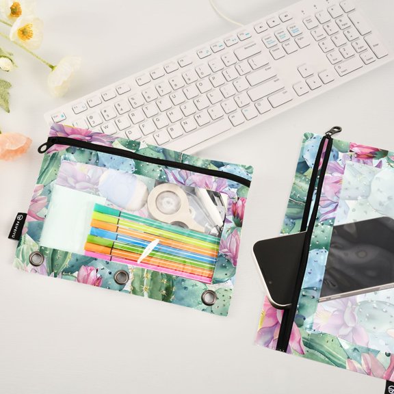 Cactus Watercolor Print 2 Pack Pencil Pouches Zipper Pencil Case 3 Ring Pencil Pouch Cosmetic Bag