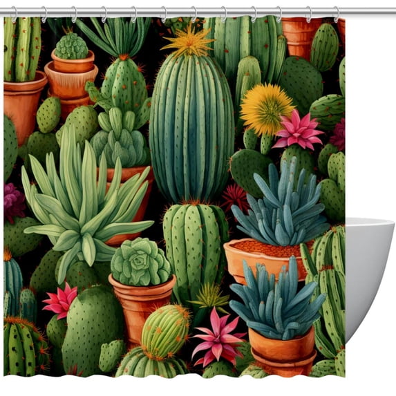 Cactus Waterproof Printed Shower Curtain Set with Hooks for Bathroom Decoration