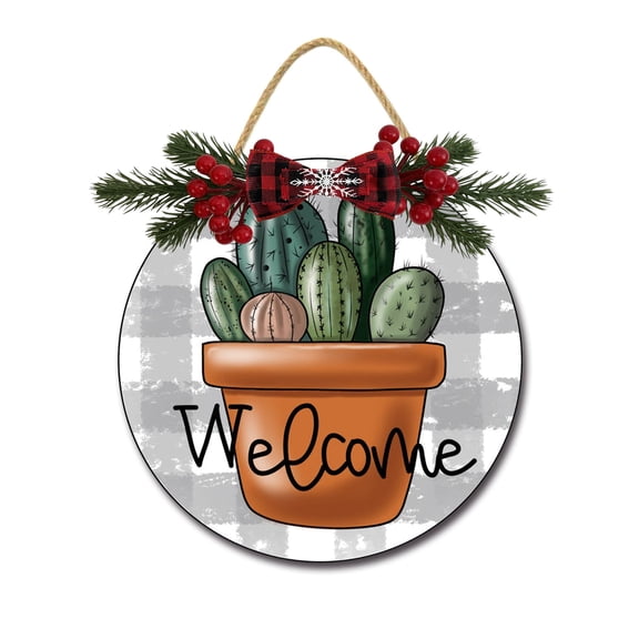 Cactus Welcome Sign Front Door Porch Decorations, Round Rustic Wood Hanging Sign for Farmhouse Porch Outdoor Home Holiday Front Door Sign Decor