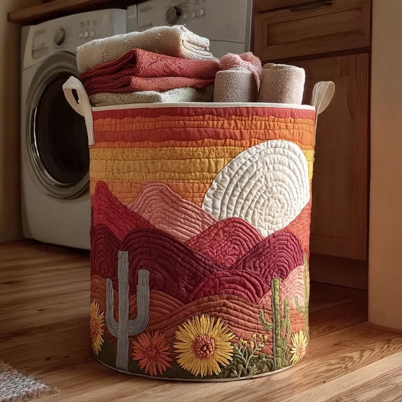 Cactus Western Sun Quilted Laundry Basket, with Handles, Foldable Clothes Hamper for Bedroom Storage