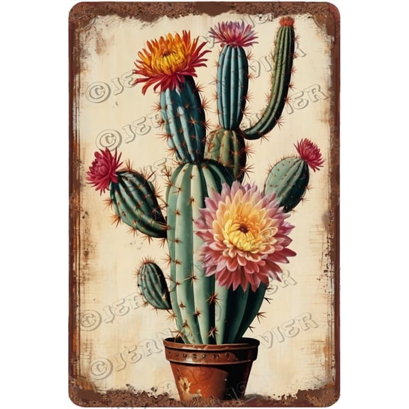 Cactus with Flower Retro Aluminum Sign Cacti Wall Art Decor Botanical Print Sign Rustic Country Farmhouse Metal Plaque Home Wall Decor 12x8 Inches