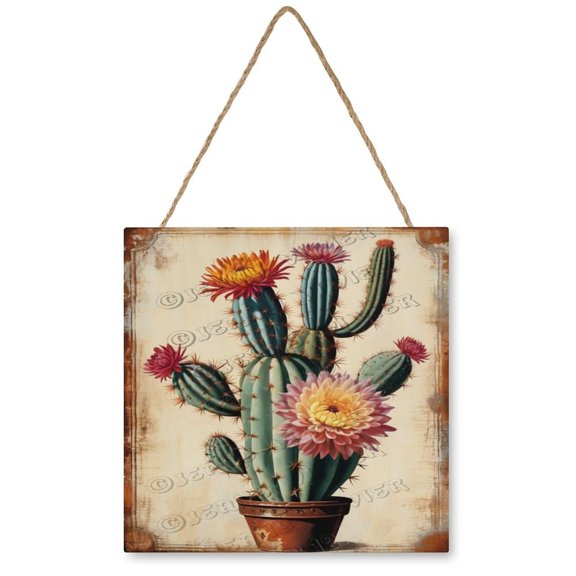 Cactus With Flower Wood Hanging Sign, Wood Wall Art, Flower Decor, Welcome Sign, Funny Kitchen Decor, Rustic Wall Art for Bedroom Living Room 12x12 Inches