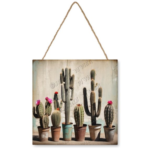 Cactus Wooden Hanging Sign Cacti Sign Cactus Gifts Farmhouse Vintage Rustic Wall Decor Wood Christmas Holiday Wall Hanging Door Decorations Wood Plaque Signs 12"x12"