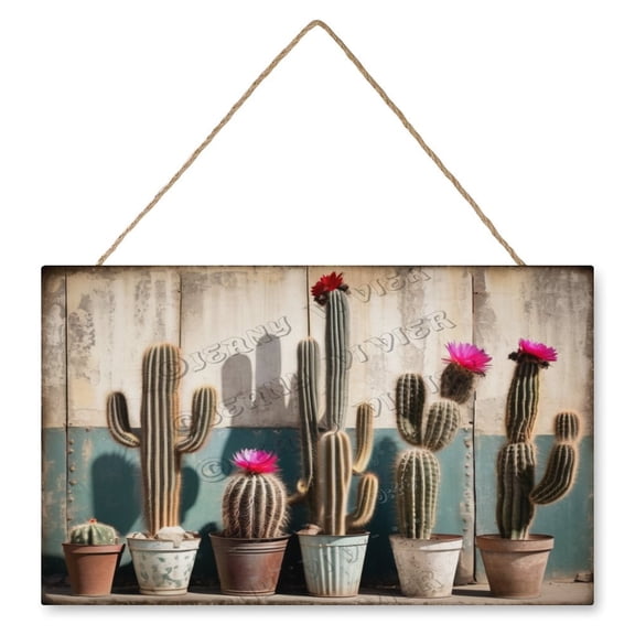 Cactus Wooden Hanging Sign Cactus Decor Southwest Cacti Decor Farmhouse Vintage Rustic Wall Decor Wood Christmas Holiday Wall Hanging Door Decorations Wood Plaque Signs 10"x16"