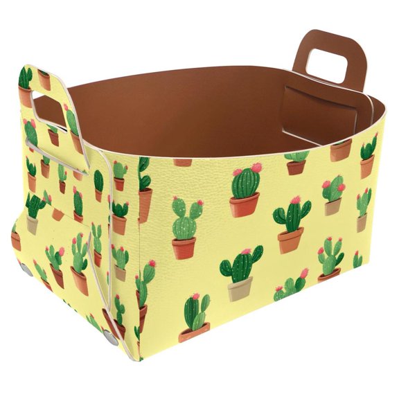 Cactus Yellow Pattern Storage Basket Collapsible Storage Bin, PU Foldable Basket Convenient Box Storage Organizer with Handles for Shelves Office Bedroom Closet Nursery Toys Laundry