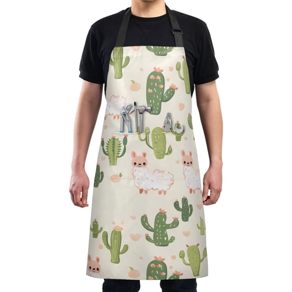 Cactus and Alpaca Kitchen Apron with 2 Pockets Adjustable waterproof Cooking Aprons for Women Men Chef