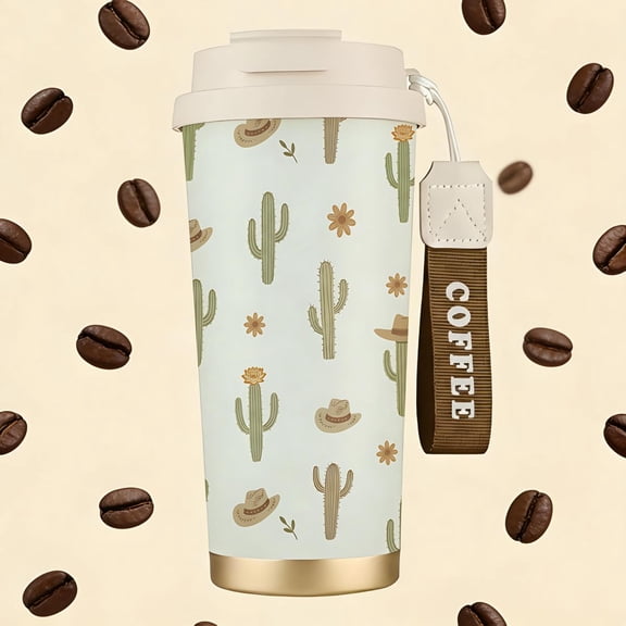 Cactus and Cowboy Boot Western Theme Stainless Steel Insulated Coffee Cup with Double Drink Design, Portable Travel Tumbler with COFFEE Wrist Strap