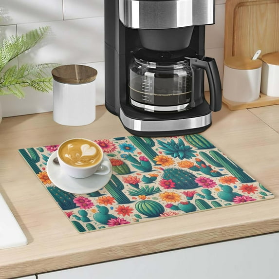 Cactus and Desert Flower Dish Drying Mat 12"x18" Kitchen Counter Dish Pad Microfiber Absorbent Drainer Rack for Coffee Bar