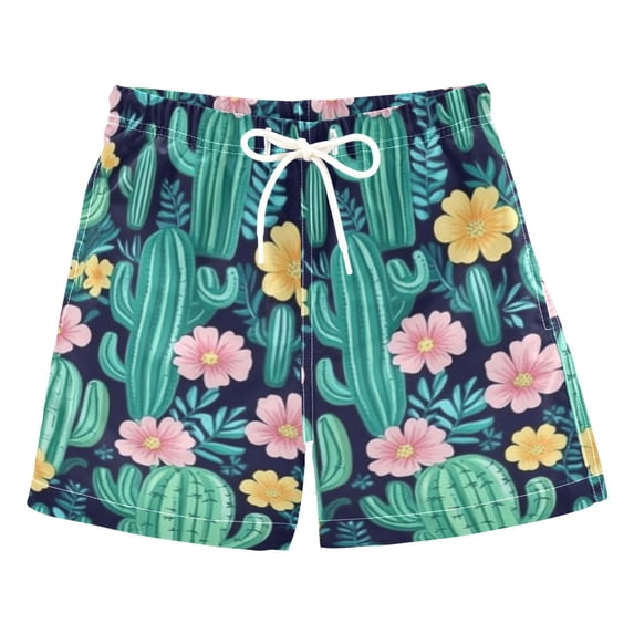 Cactus and Flowers Boys Swim Trunks Quick Dry Boy Swim Shorts for 3-14 Years