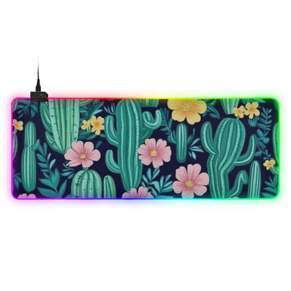 Cactus and Flowers RGB Gaming Mouse Pad Large Keyboard Mat Rubber Base 13 Light Modes