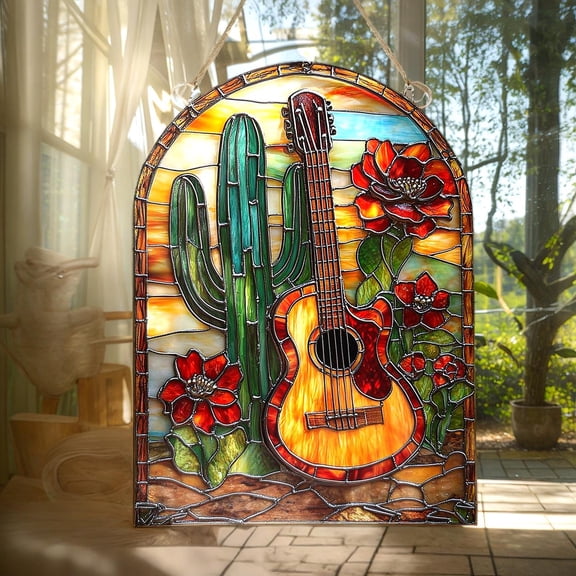 Cactus and Guitar Window Panel - Southwestern Faux Wavy Acrylic Wavy Acrylic Suncatcher - Rustic Music Gift for Home or Studio