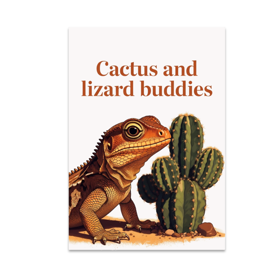 Cactus and Lizard Buddies Art - Animal Lovers Decor - 13x19 Poster Print