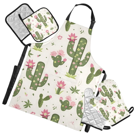 Cactus and Pink Flowers 5 Pcs Kitchen Set Heat Resistant Oven Mitts and Non-Slip Pot Holders with Adjustable Cooking Apron
