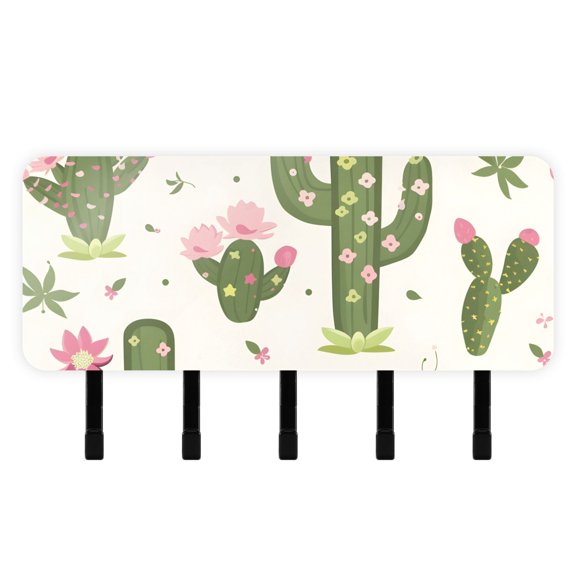 Cactus and Pink Flowers Mail Holder Organizer Wall Mount with Shelf Key Holder Key Rack with 5 Key Hooks for Wall Decorative