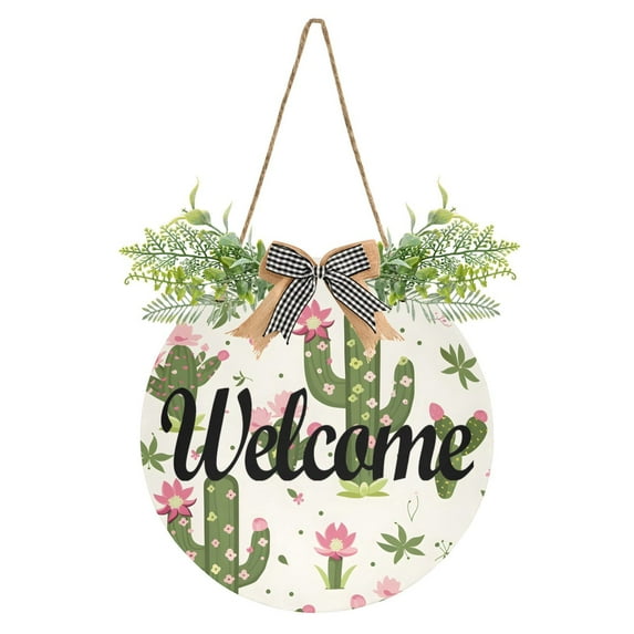 Cactus and Pink Flowers Welcome Sign for Front Door Wreath Door Sign for Farmhouse Porch Decoration Indoor Outdoor