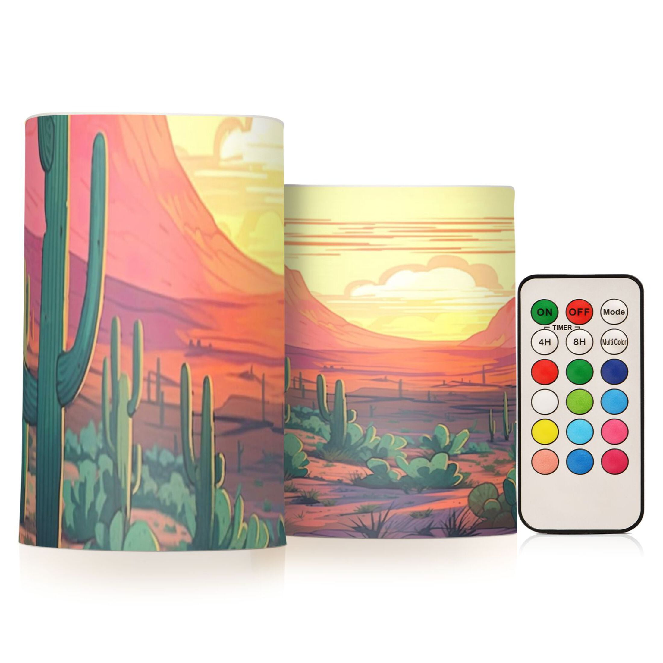Cactus at Sunset Flickering Flameless Candles Battery Operated with Remote Timer LED Pillar Candles Set of 2