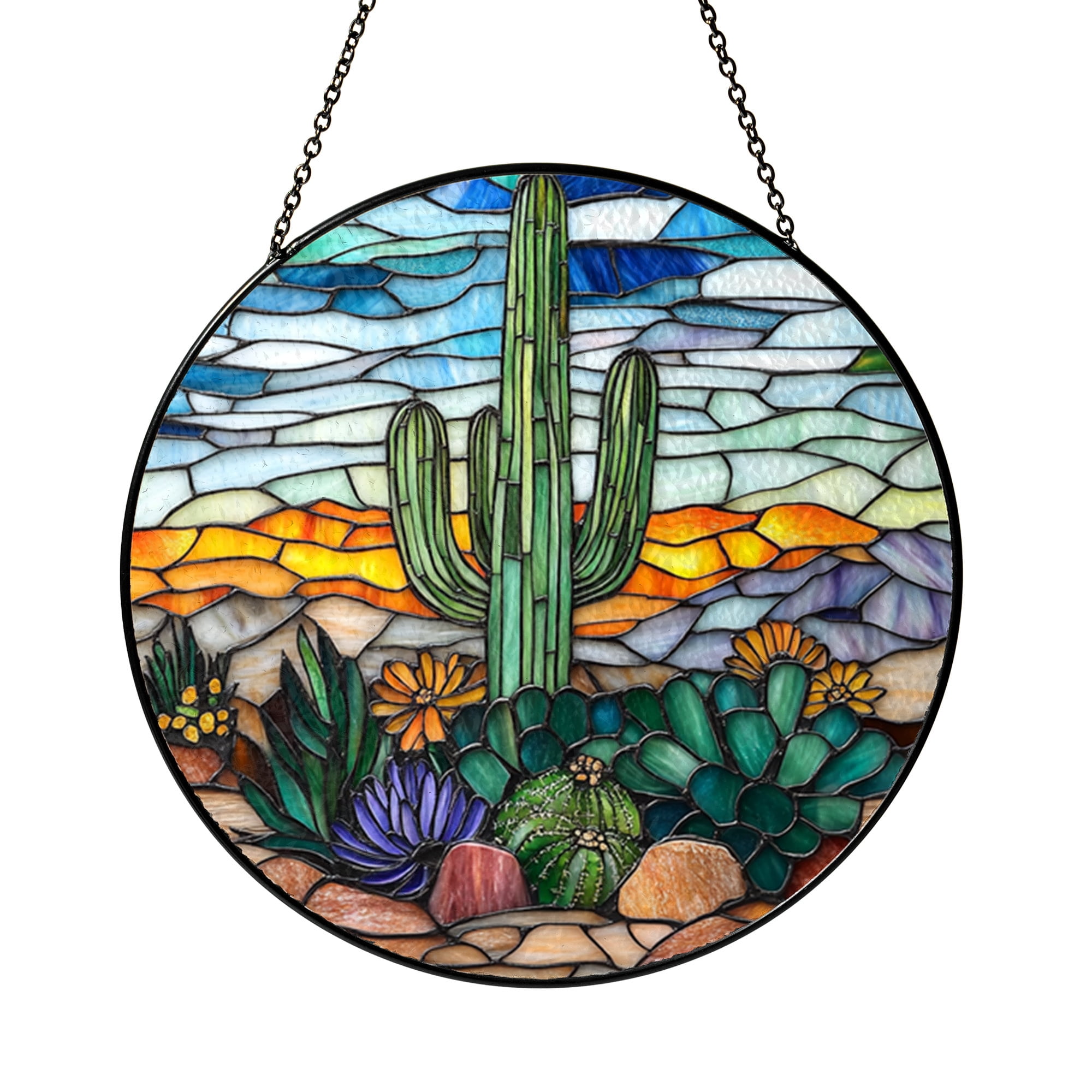 Cactus bloom stained style hanging, lively desert floral window accent ...