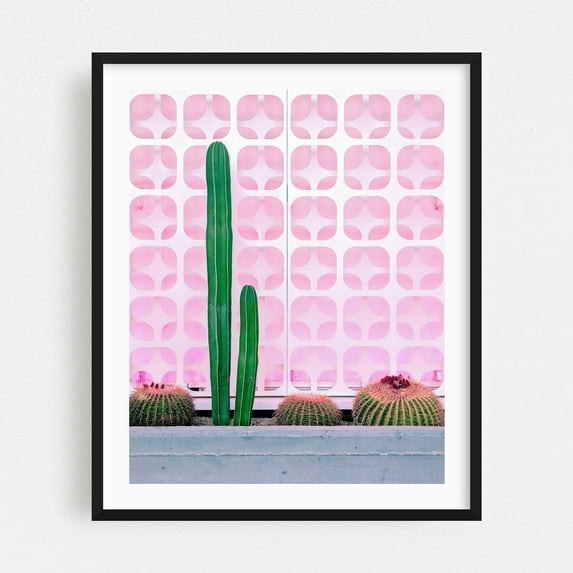 Cactus in front of a Pink Mid-Century Modern Wall - Palm Springs California Photography Botanical Cactus Mid-Century Modern Pastel Minimalist Art Deco Black Framed Wall Art Print 8 x 10 inches